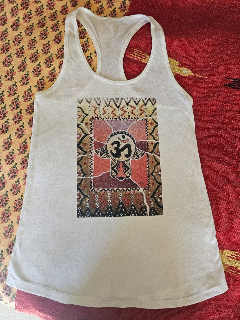 White Cotton Racerback Tank Top with Om Hamsa Design Yoga S